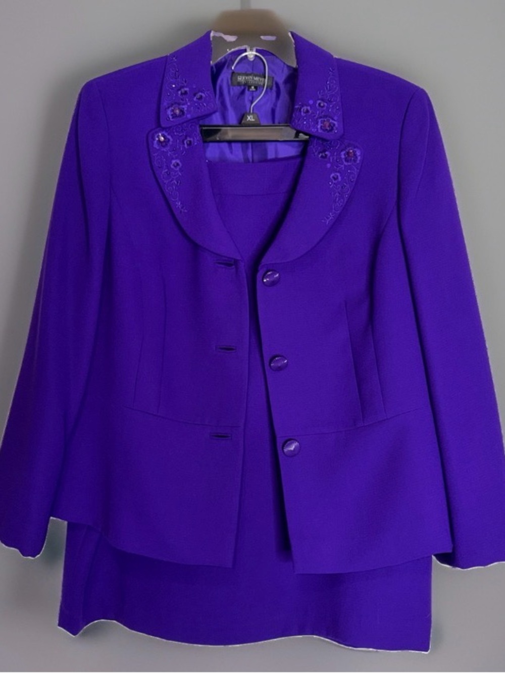 John Meyer Women’s Top Skirt Suit Purple Beaded Embroidered Lapel Lining Sz 16